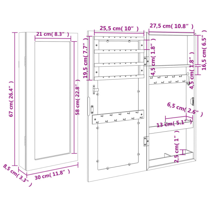 Produktbild för Spegelskåp väggmonterat 30x8,5x67 cm