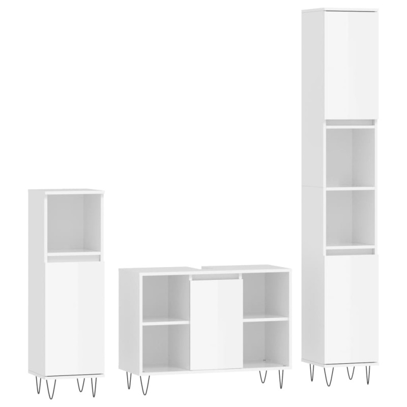 Produktbild för Badrumsmöbler set 3 delar vit högglans konstruerat trä