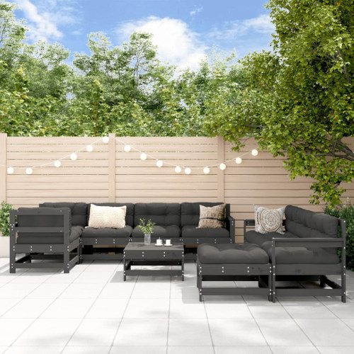 vidaXL Loungegrupp för trädgården med dynor 10 delar grå massivt trä