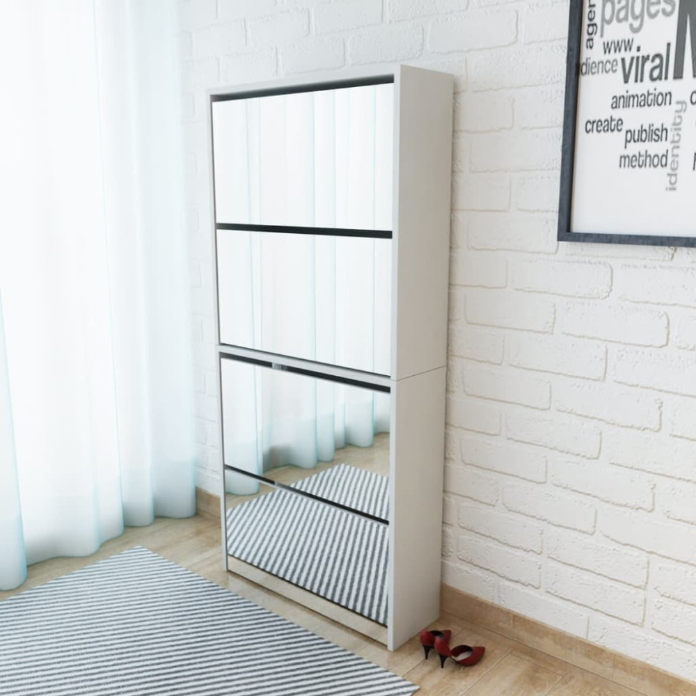 Produktbild för Skoskåp med 4 lådor och spegel vit 63x17x134 cm