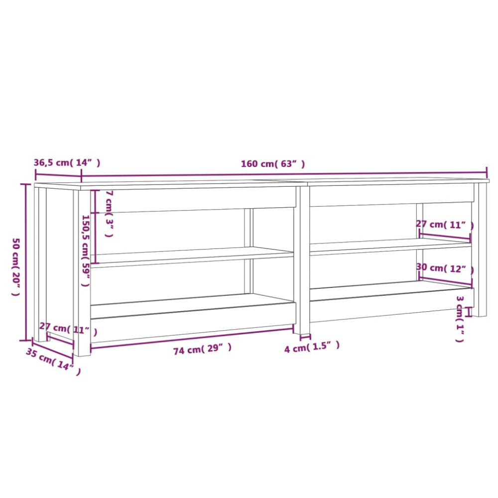 Produktbild för Skobänk vit 160x36,5x50 cm massiv furu