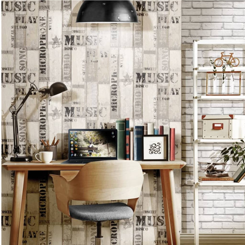Produktbild för Urban Friends & Coffee Tapet träplankor ord grå och svart