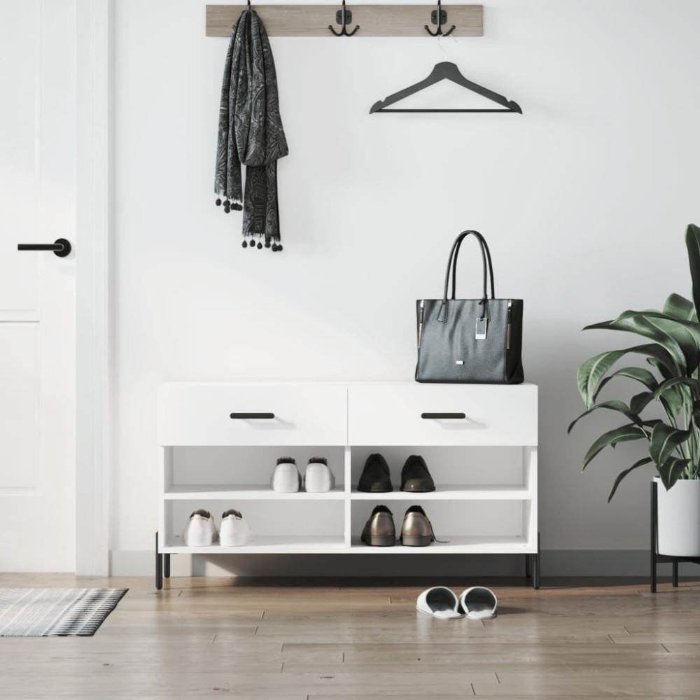 Produktbild för Skobänk vit högglans 102x35x55 cm konstruerat trä