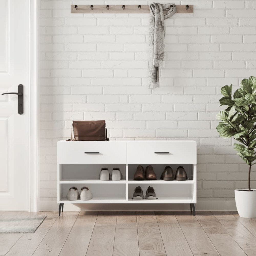 Produktbild för Skobänk vit högglans 102x35x55 cm konstruerat trä