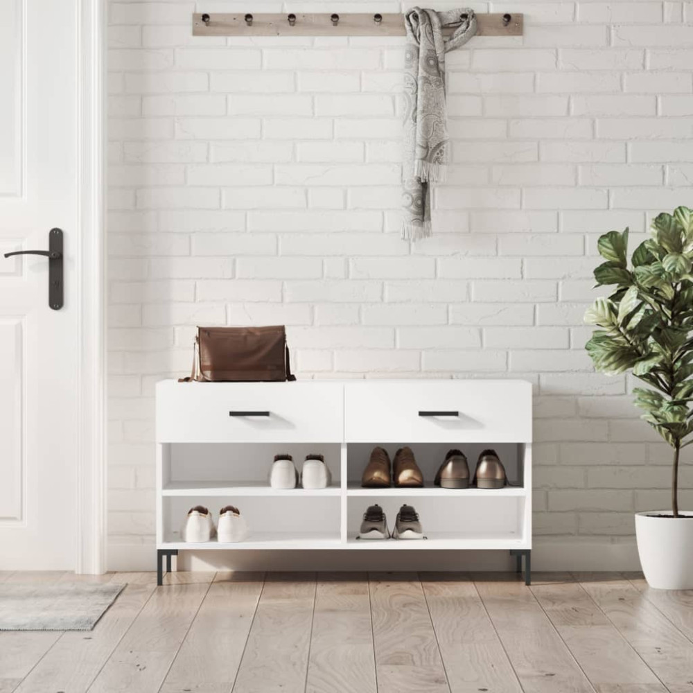 Produktbild för Skobänk vit högglans 102x35x55 cm konstruerat trä