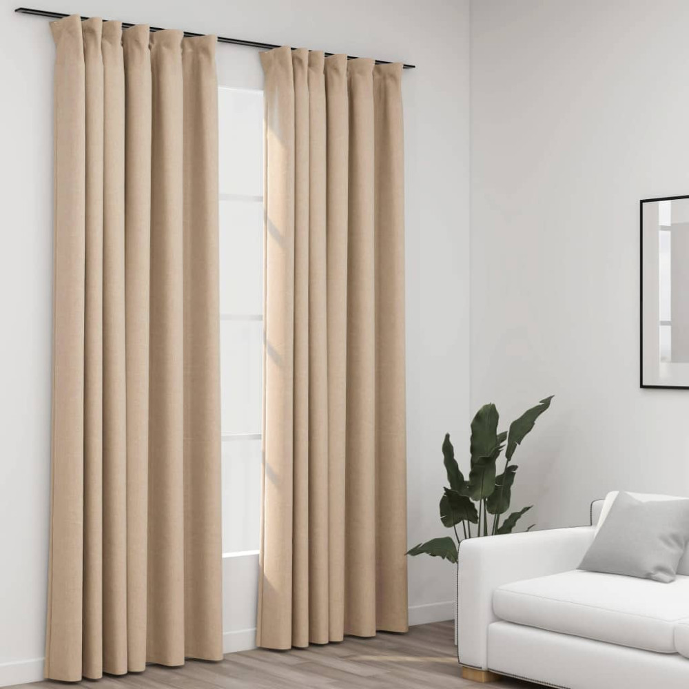 Produktbild för Mörkläggningsgardin med krokar linnelook 2 st beige 140x245 cm