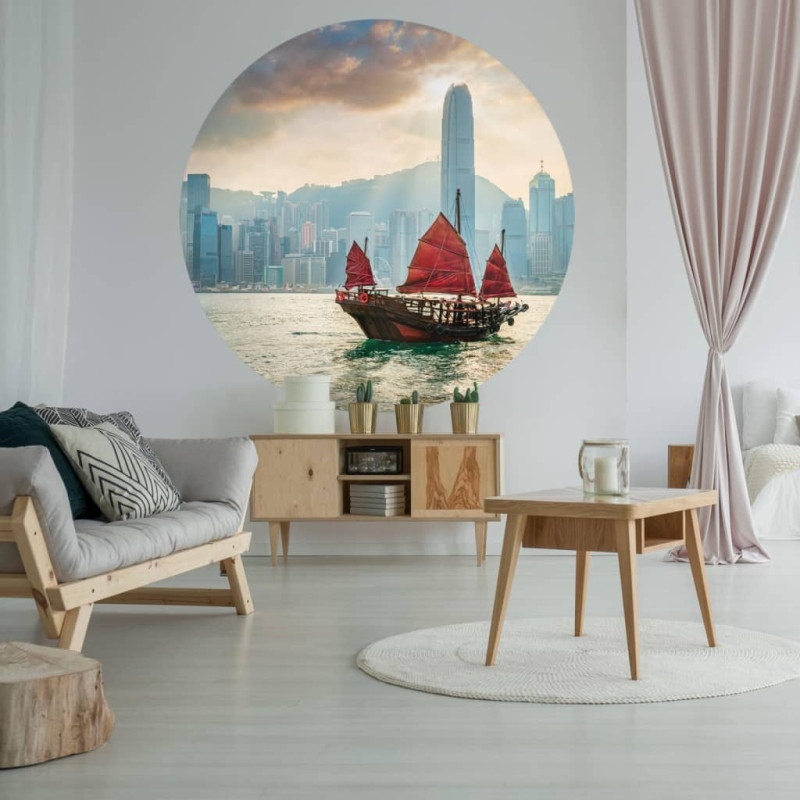 Produktbild för WallArt Tapet cirkelformad Skyline with Junk Boat 142,5 cm