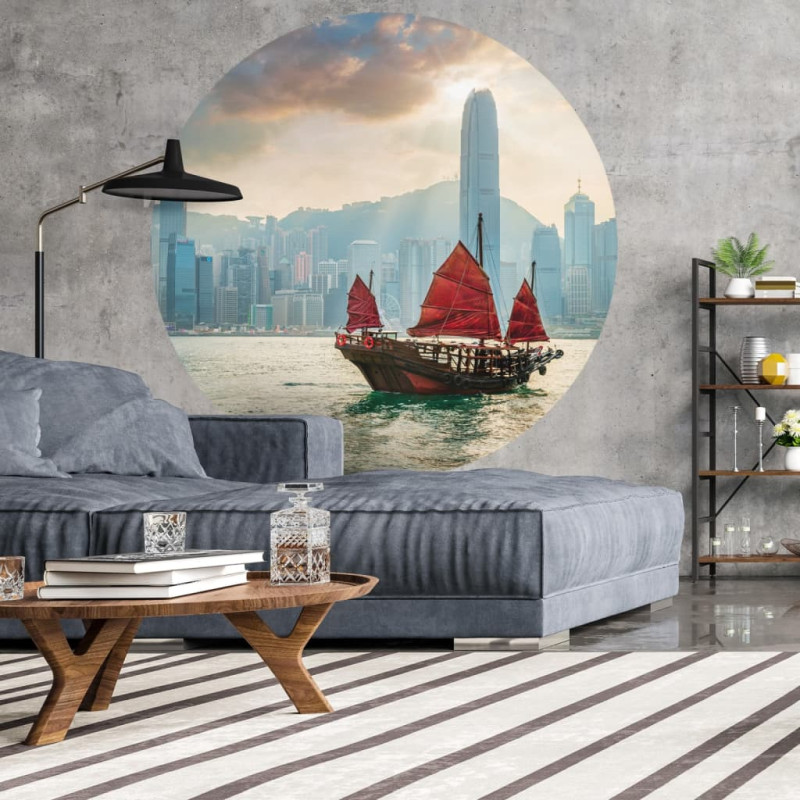 Produktbild för WallArt Tapet cirkelformad Skyline with Junk Boat 142,5 cm