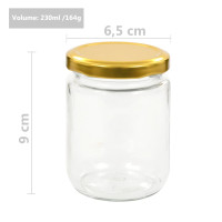 Produktbild för Syltburkar i glas med guldfärgade lock 48 st 230 ml