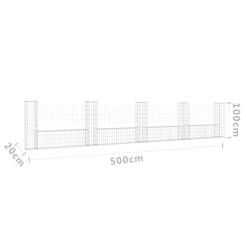Produktbild för U-formad gabionkorg med 5 stolpar järn 500x20x100 cm