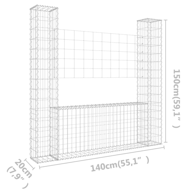 Produktbild för U-formad Gabionkorg med 2 stolpar järn 140x20x150 cm