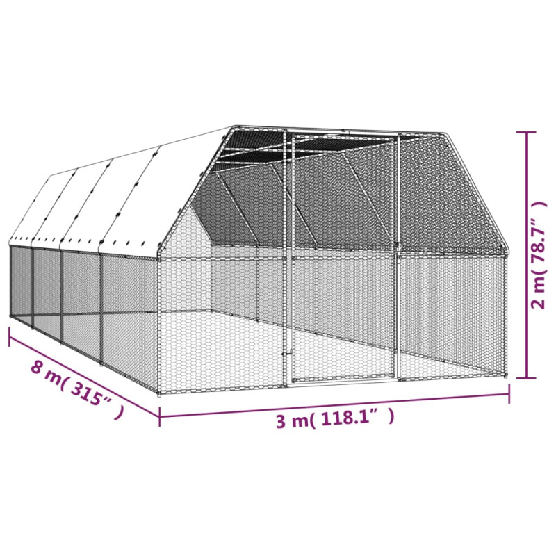 Produktbild för Hönsbur för utomhusbruk 3x8x2 m galvaniserat stål