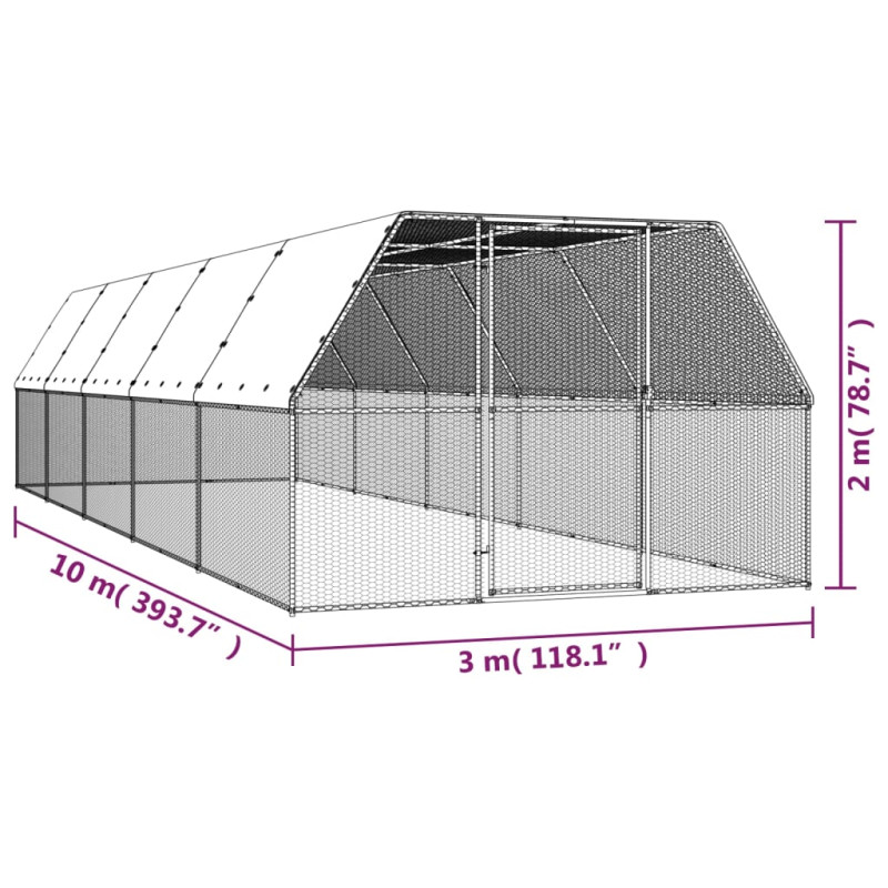 Produktbild för Hönsbur för utomhusbruk 3x10x2 m galvaniserat stål