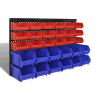 Produktbild för Väggmonterad hylla med 30 st plockbackar blå/röd