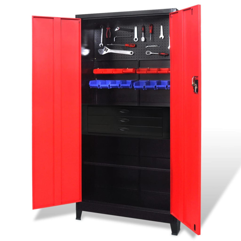 Produktbild för Verktygsskåp med kista stål 90x40x180 cm röd och svart