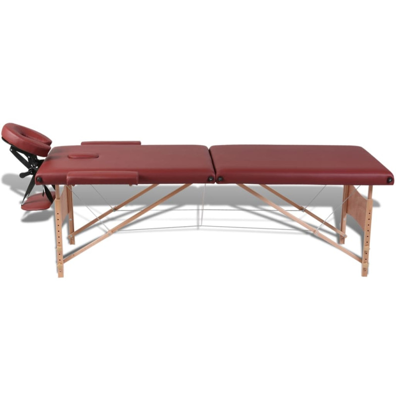 Produktbild för Rött vikbart massagebord med 2 zoner och träram