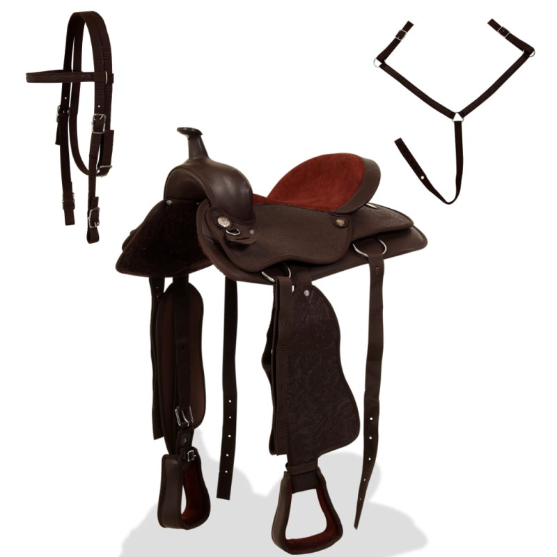 Produktbild för Westernsadel träns&halsband äkta läder 17" brun