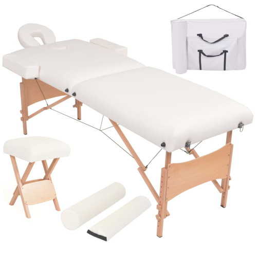 vidaXL Hopfällbar massagebänk 2 sektioner och pall set 10 cm tjock vit