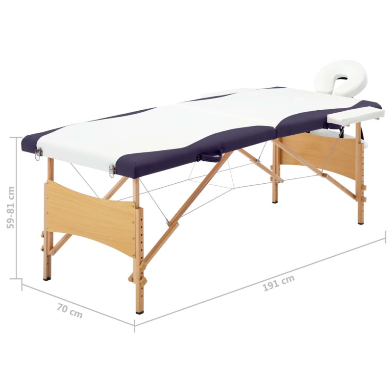 Produktbild för Hopfällbar massagebänk 2 sektioner trä vit och lila