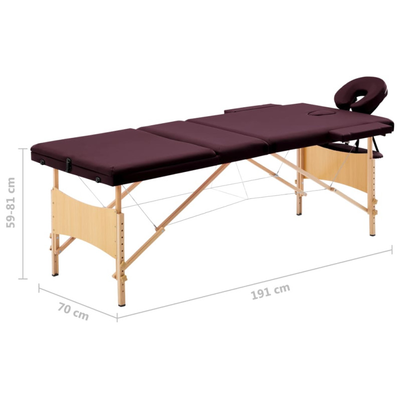 Produktbild för Hopfällbar massagebänk 3 sektioner trä mörklila