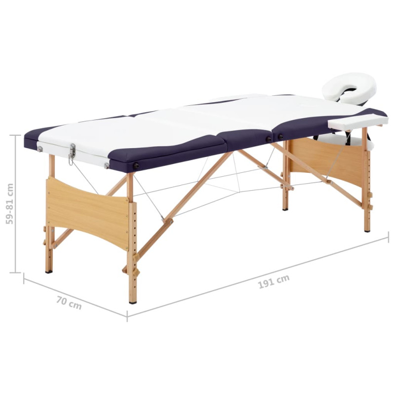 Produktbild för Hopfällbar massagebänk 3 sektioner trä vit och lila