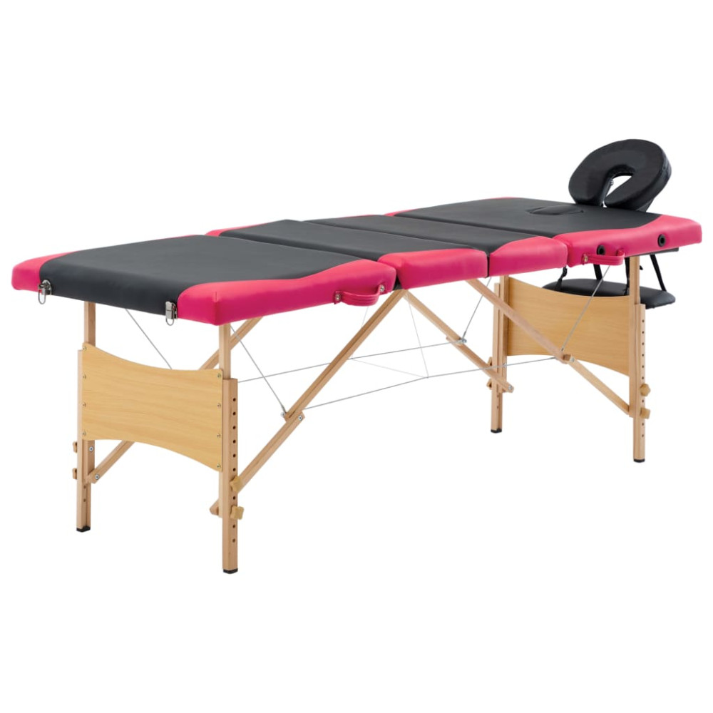 Produktbild för Hopfällbar massagebänk 4 sektioner trä svart och rosa