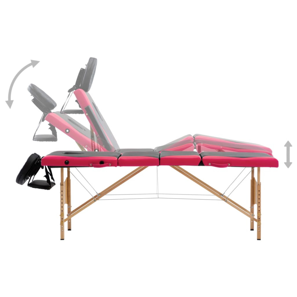 Produktbild för Hopfällbar massagebänk 4 sektioner trä svart och rosa