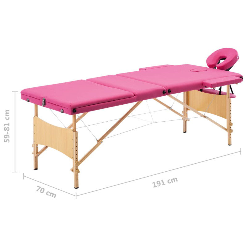 Produktbild för Hopfällbar massagebänk 3 sektioner trä rosa
