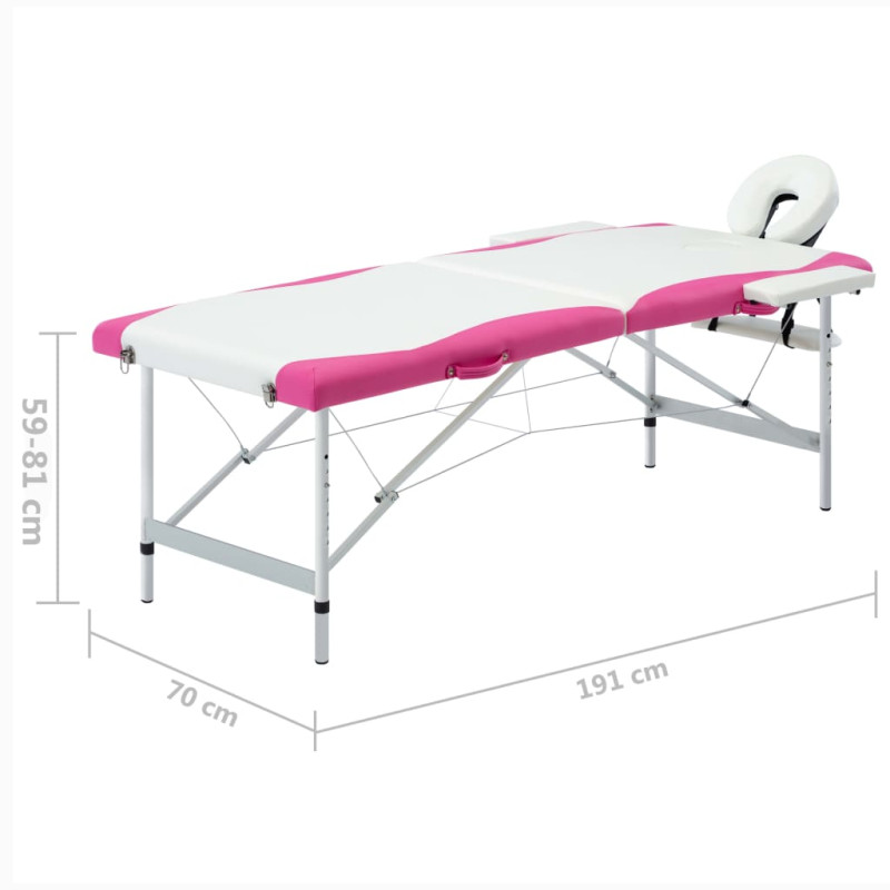 Produktbild för Hopfällbar massagebänk 2 sektioner aluminium vit och rosa