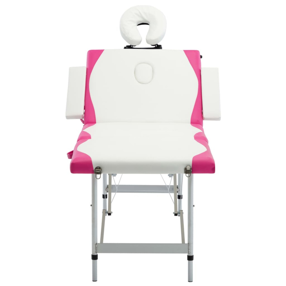 Produktbild för Hopfällbar massagebänk 4 sektioner aluminium vit och rosa