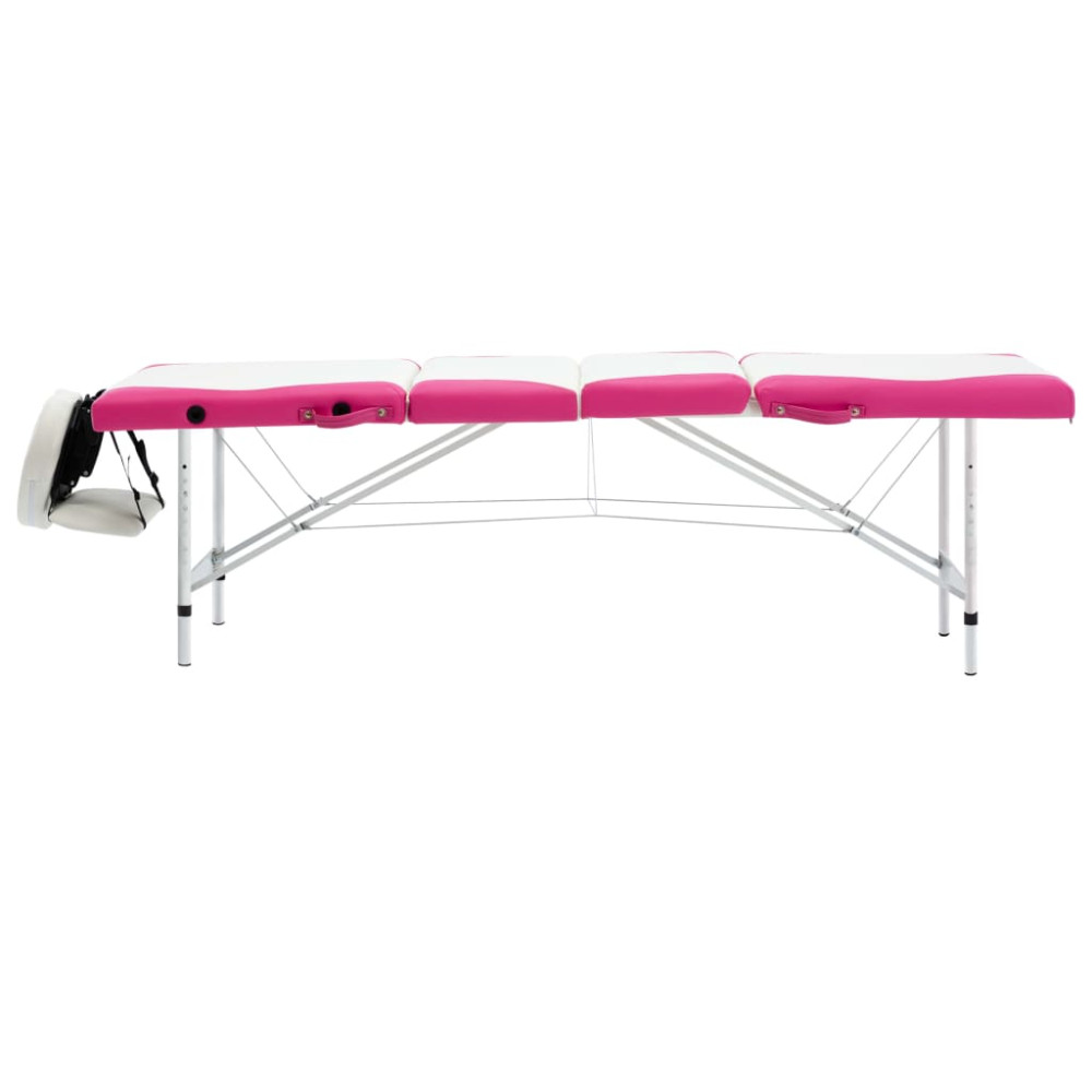 Produktbild för Hopfällbar massagebänk 4 sektioner aluminium vit och rosa