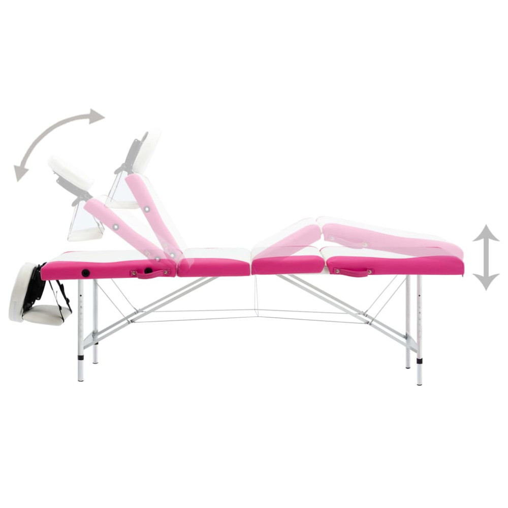 Produktbild för Hopfällbar massagebänk 4 sektioner aluminium vit och rosa