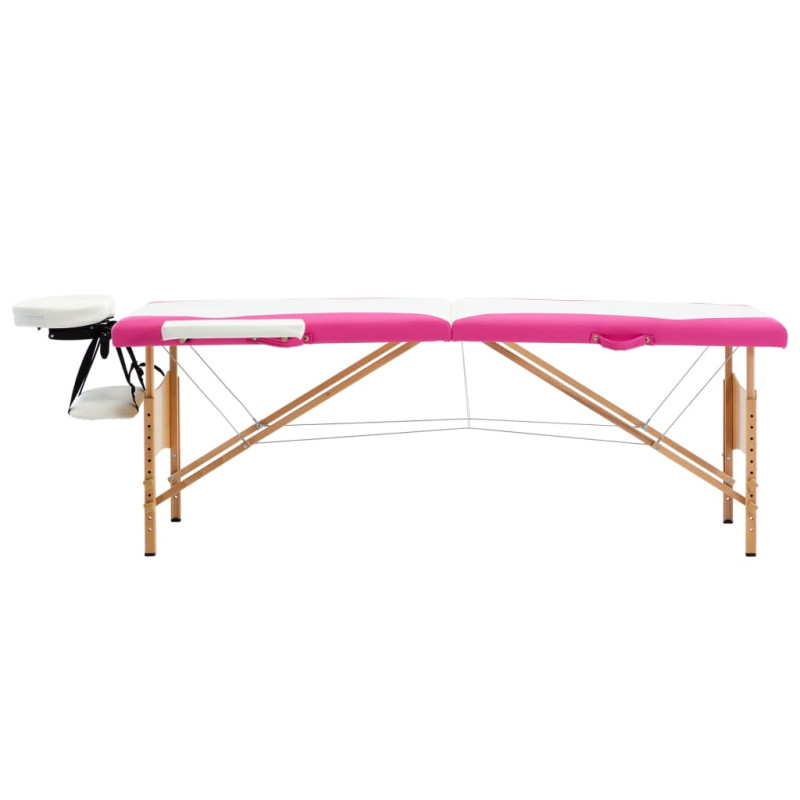 Produktbild för Hopfällbar massagebänk 2 sektioner trä vit och rosa