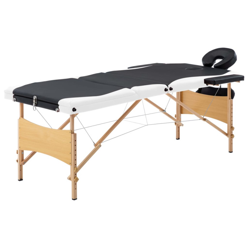 Produktbild för Hopfällbar massagebänk 3 sektioner trä svart och vit