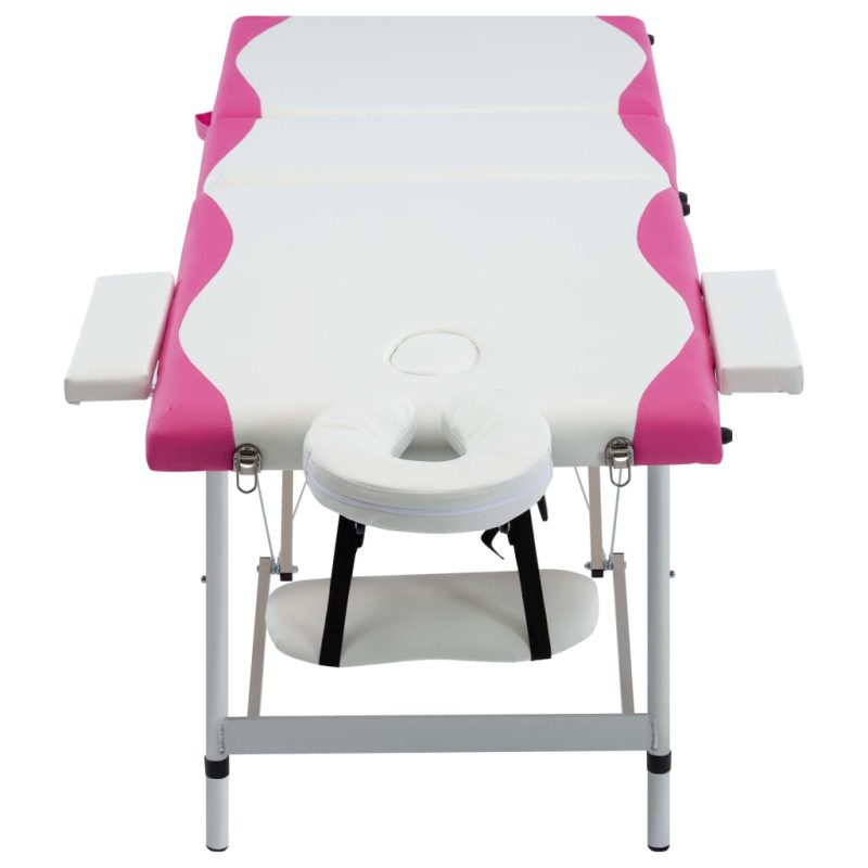 Produktbild för Hopfällbar massagebänk 3 sektioner aluminium vit och rosa