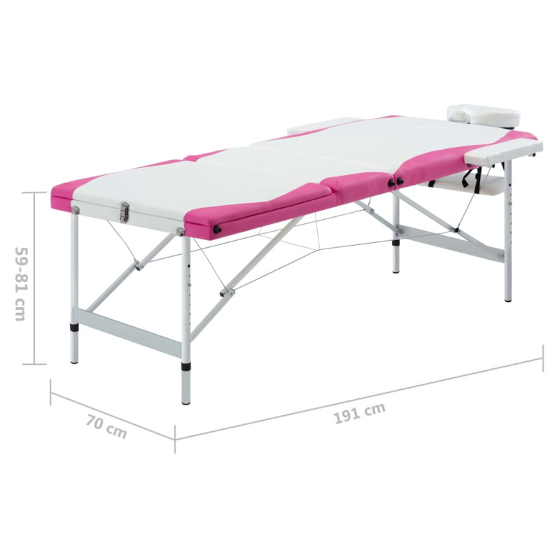 Produktbild för Hopfällbar massagebänk 3 sektioner aluminium vit och rosa