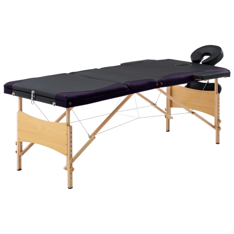 Produktbild för Hopfällbar massagebänk 3 sektioner trä svart och lila