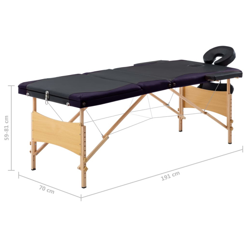 Produktbild för Hopfällbar massagebänk 3 sektioner trä svart och lila