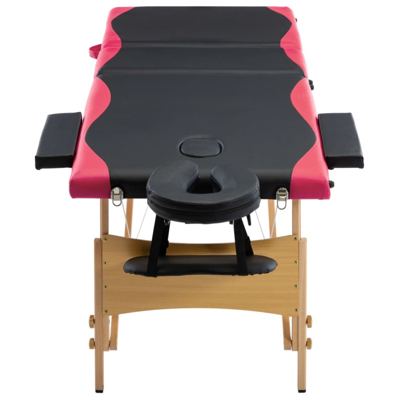 Produktbild för Hopfällbar massagebänk 3 sektioner trä svart och rosa