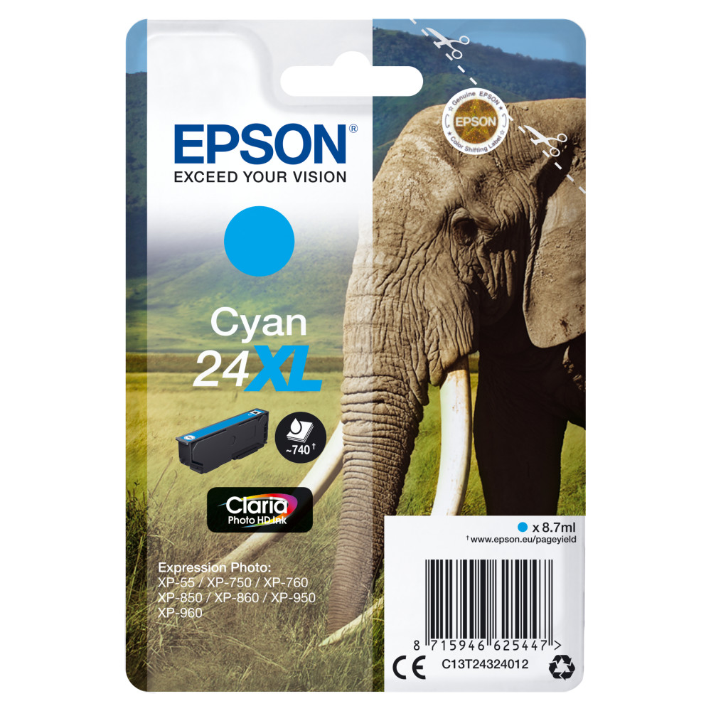 Produktbild för Epson Elephant Enpack cyan 24XL Claria Photo HD-bläck