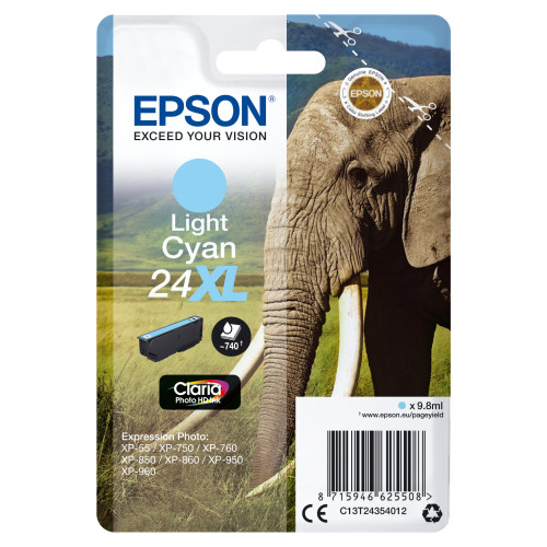 EPSON Epson Elephant Enpack ljus cyan 24XL Claria Photo HD-bläck