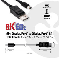 Produktbild för CLUB3D Mini DisplayPort to DisplayPort 1.4 HBR3 8K60Hz Cable, 2 Meter / 6.56 Feet