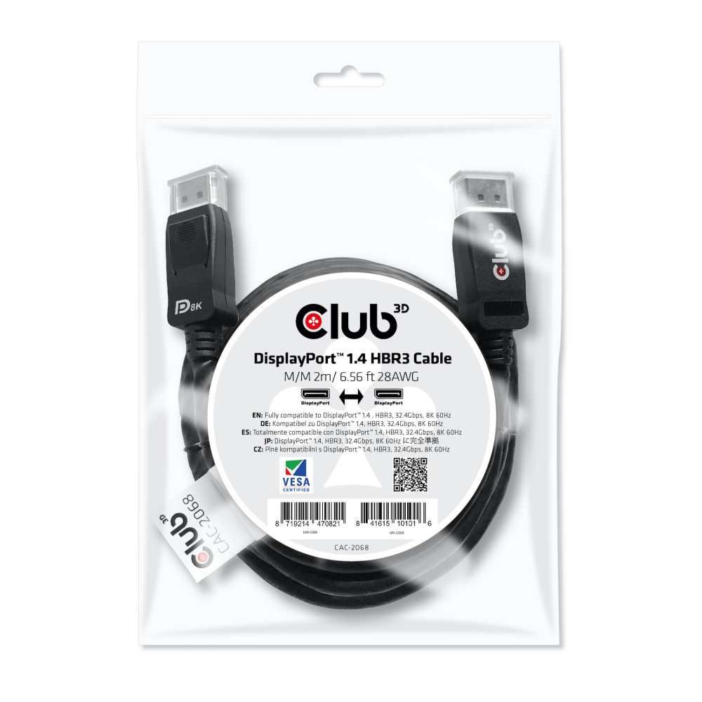 Produktbild för CLUB3D DisplayPort 1.4 HBR3 Cable 2m/6.56ft M/M 8K60Hz