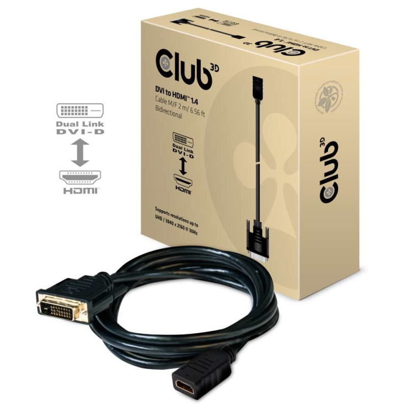 Produktbild för CLUB3D DVI to HDMI 1.4 Cable M/F 2m/6.56ft Bidirectional