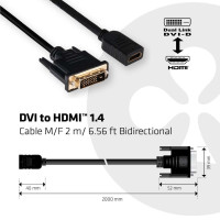 Miniatyr av produktbild för CLUB3D DVI to HDMI 1.4 Cable M/F 2m/6.56ft Bidirectional
