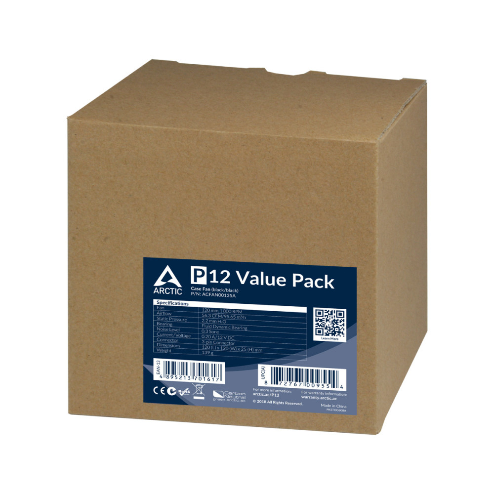 Produktbild för ARCTIC P12 Value Pack Datorväska Fan 12 cm Svart