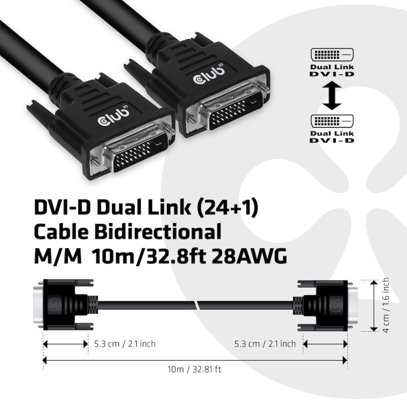 Produktbild för CLUB3D DVI-D DUAL LINK (24+1) CABLE BI DIRECTIONAL M/M 10m 32.8 ft 28AWG Svart