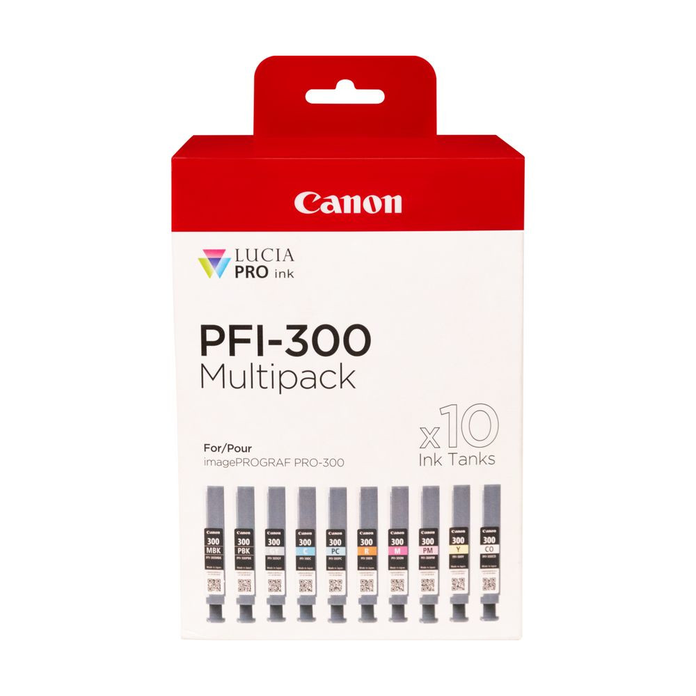 Produktbild för Canon PFI-300 bläckpatroner 10 styck Original Svart, Blå, Cyan, Grå, Magenta, Fotosvart, Fotomagenta, Röd, Gul