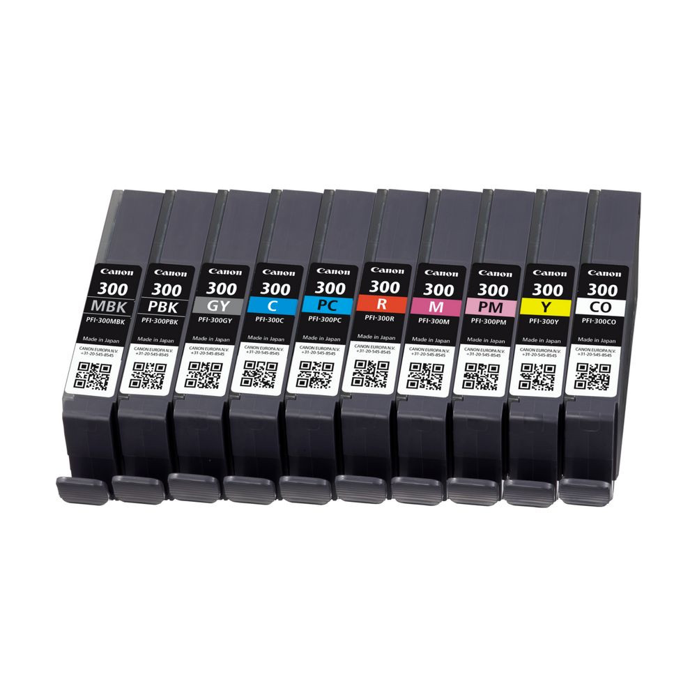 Produktbild för Canon PFI-300 bläckpatroner 10 styck Original Svart, Blå, Cyan, Grå, Magenta, Fotosvart, Fotomagenta, Röd, Gul