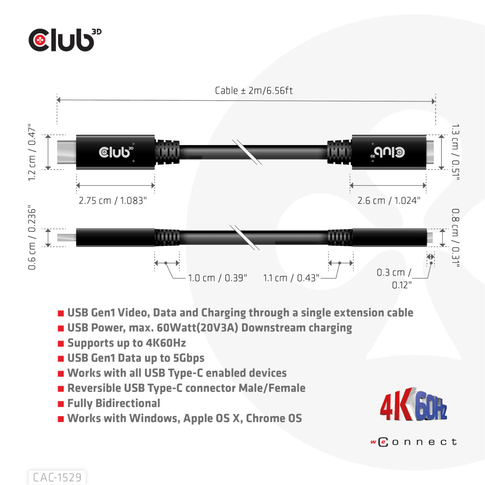 Produktbild för CLUB3D CAC-1529 USB-kablar 2 m USB 3.2 Gen 1 (3.1 Gen 1) USB C Svart